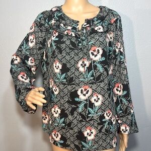 By Design Semi Sheer Bow Tie Neck Ruffle Collar Floral Blouse